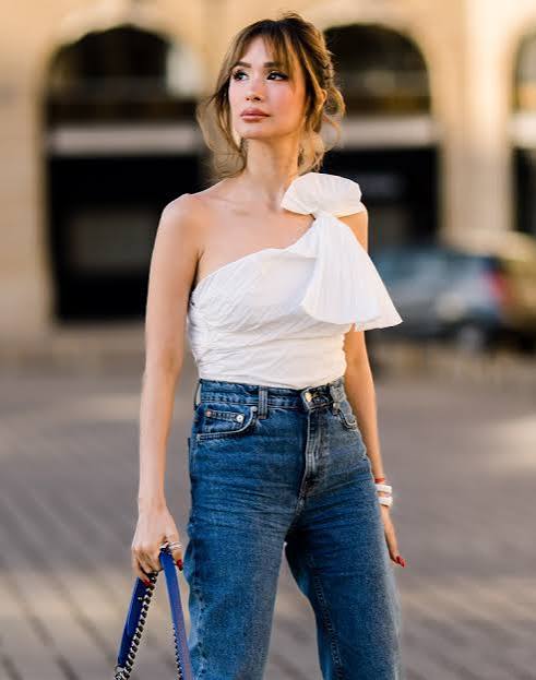 White Off-Shoulder Top with Voluminous Shoulder Detail and Denim Jeans — Off the Shoulder Top Outfits 2027