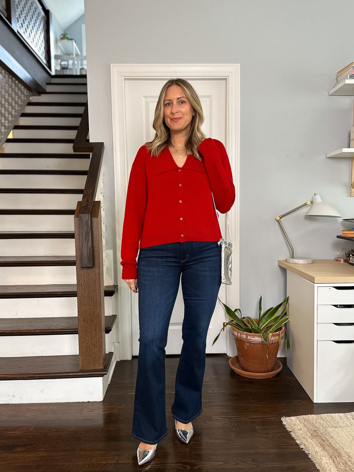 Silver Heels with Red Cardigan and Dark Bootcut Jeans Silver Heels with Red Cardigan and Dark Bootcut Jeans — Bootcut Jeans Outfits 2027 with Heels