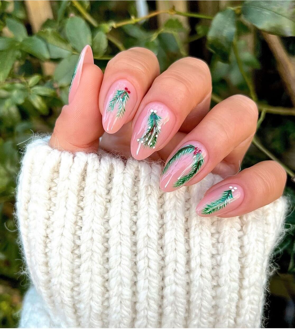 Sheer Pink with Delicate Painted Motifs — Long Christmas Nails 2026