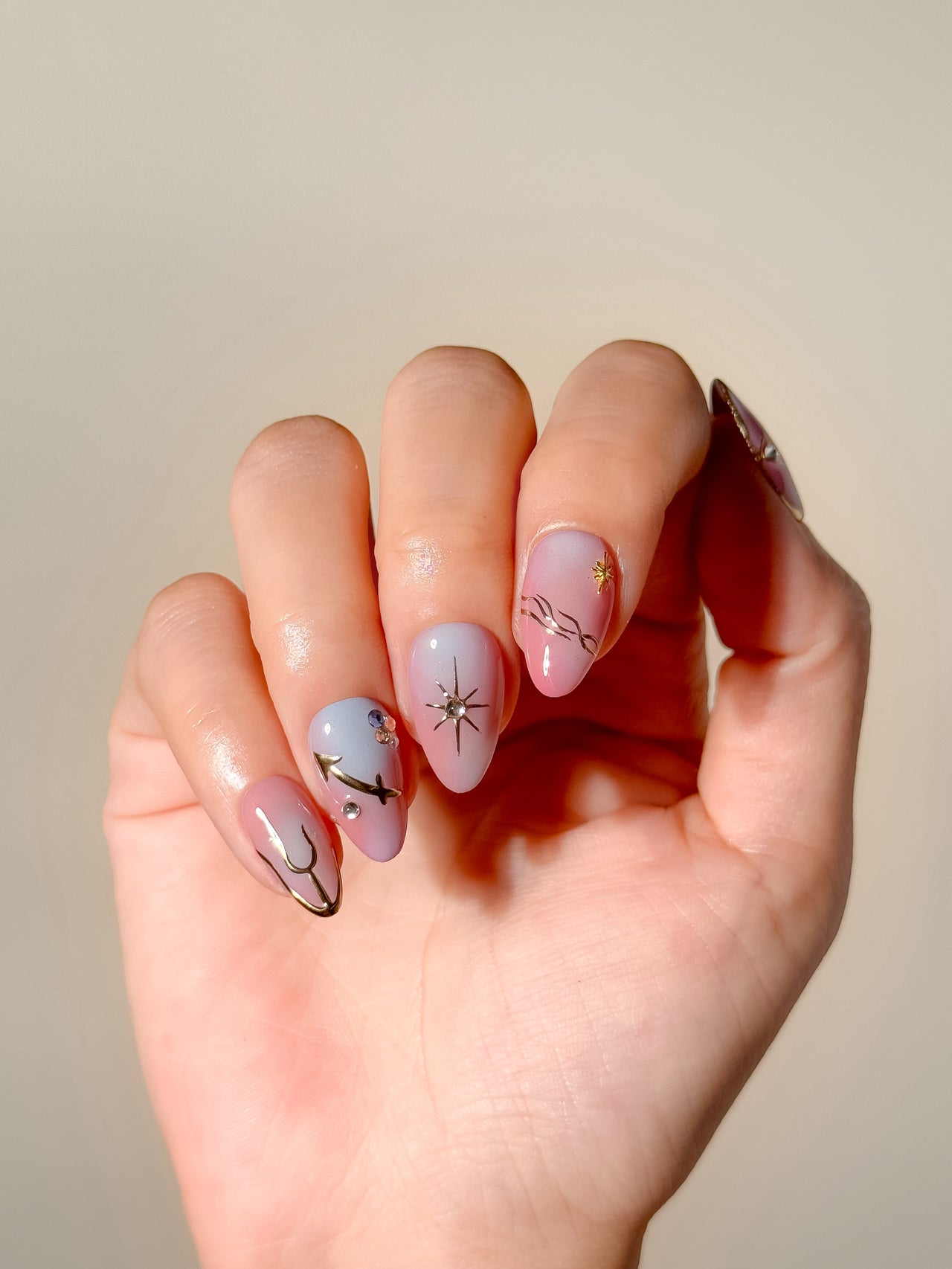Gradient Celestial Line Art Almonds — Short Butterfly Almond Nails 2027