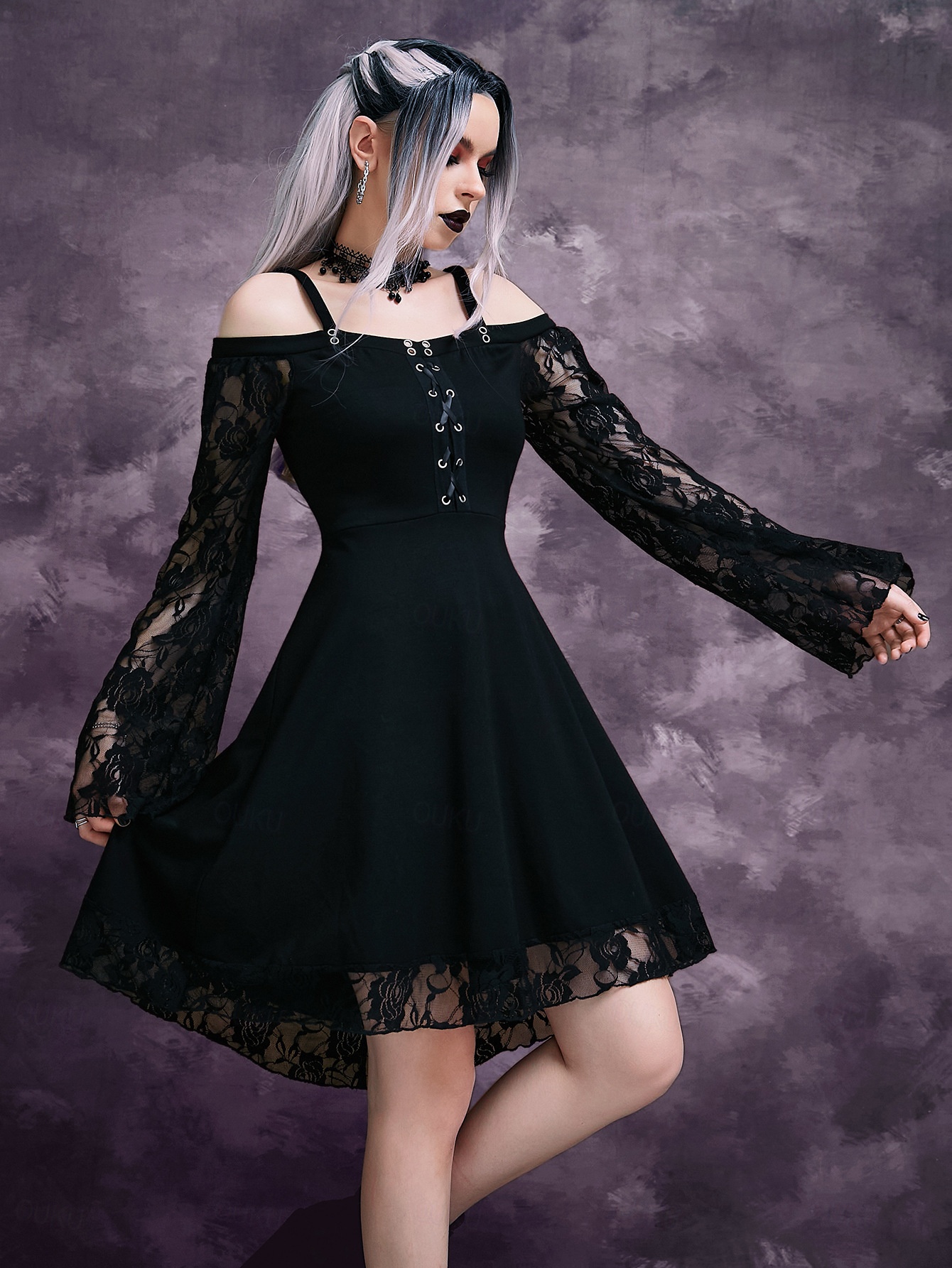Off-the-Shoulder Black Lace Dress with Bell Sleeves Off-the-Shoulder Black Lace Dress with Bell Sleeves — Goth Lace Outfits 2027