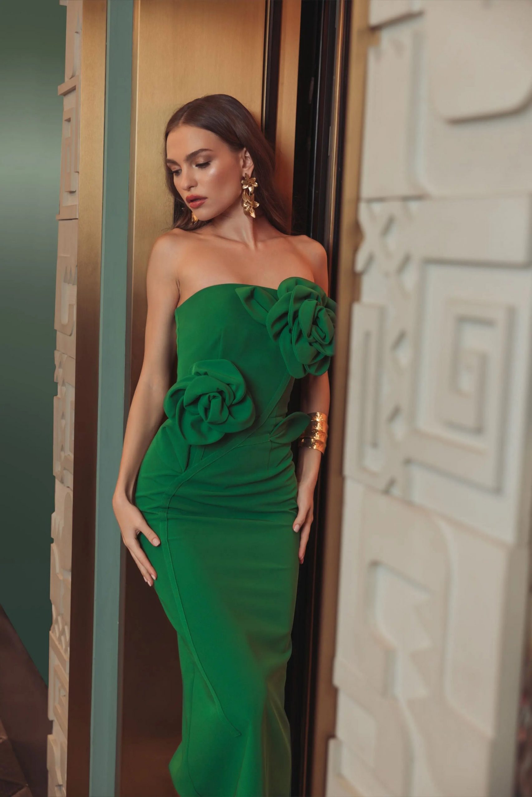 Vibrant Green Strapless Crepe Dress with Sculptural Bodice Flowers — 3D Floral Outfits 2027