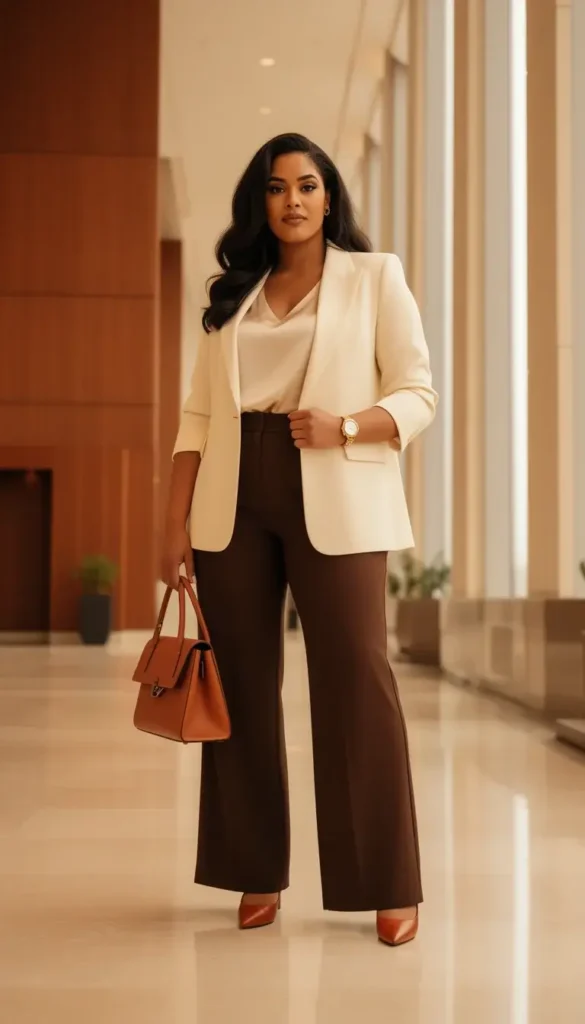 Relaxed Cream Blazer with Silky Blouse and Brown Trousers — Corporate Baddie Outfits 2027