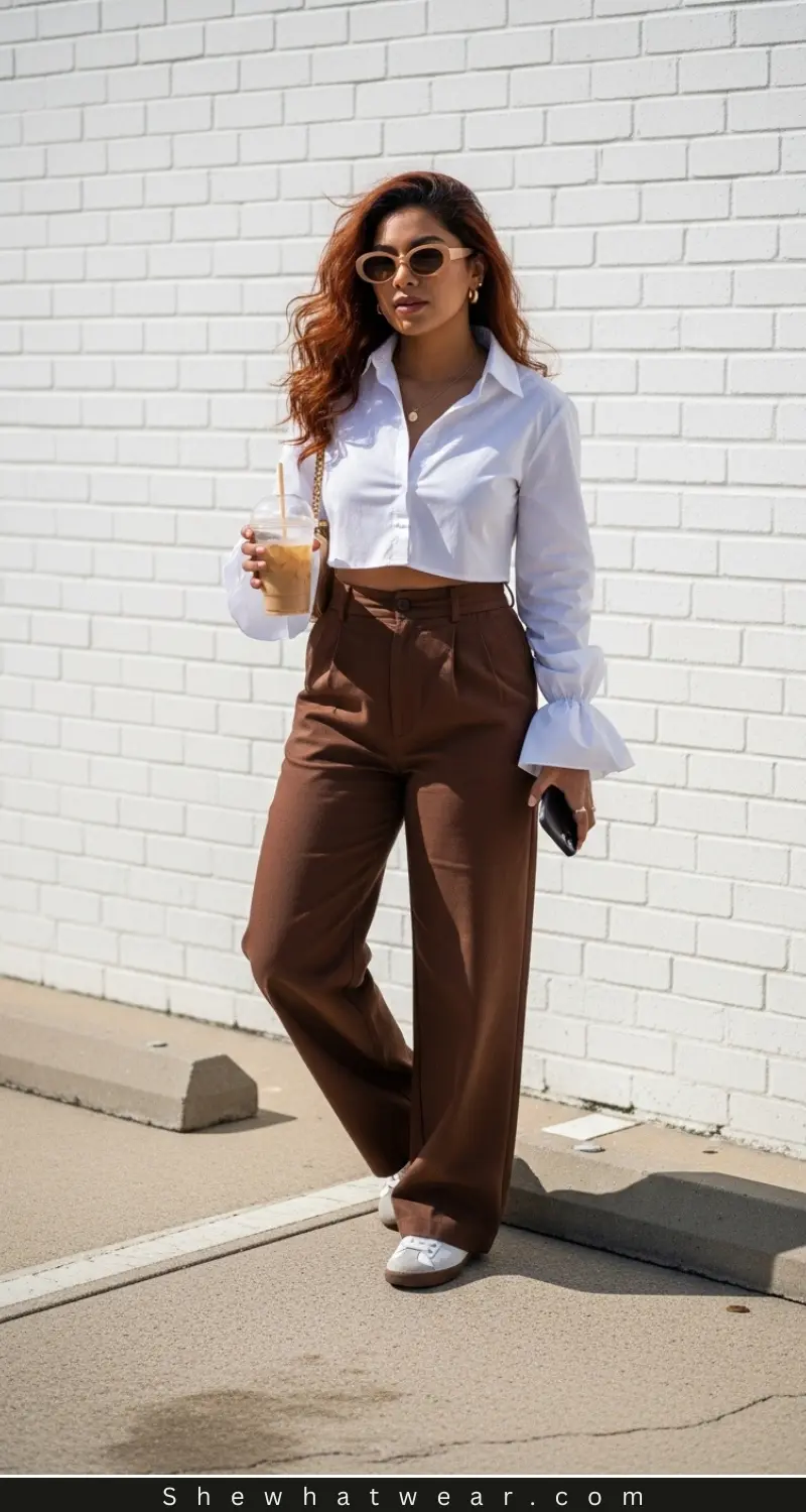High-Waisted Trousers with Cropped Shirt and Flared Cuffs High-Waisted Trousers with Cropped Shirt and Flared Cuffs — Brown Outfits 2027