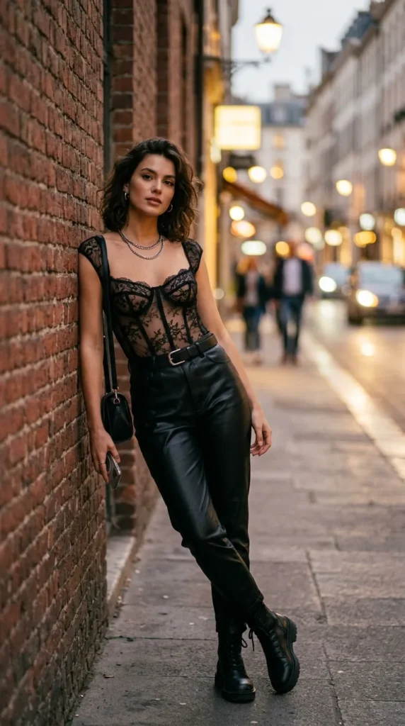 Edgy Black Lace Corset with Leather Pants and Combat Boots Edgy Black Lace Corset with Leather Pants and Combat Boots — Lace Corset Top Outfits 2027