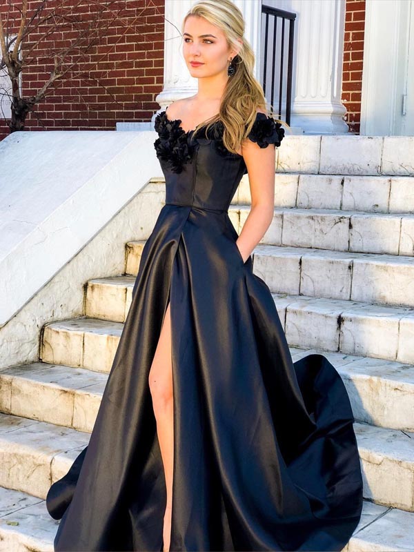 A-Line Satin Ballgown with Floral Applique and Pockets A-Line Satin Ballgown with Floral Applique and Pockets — Black Tie Dresses 2027