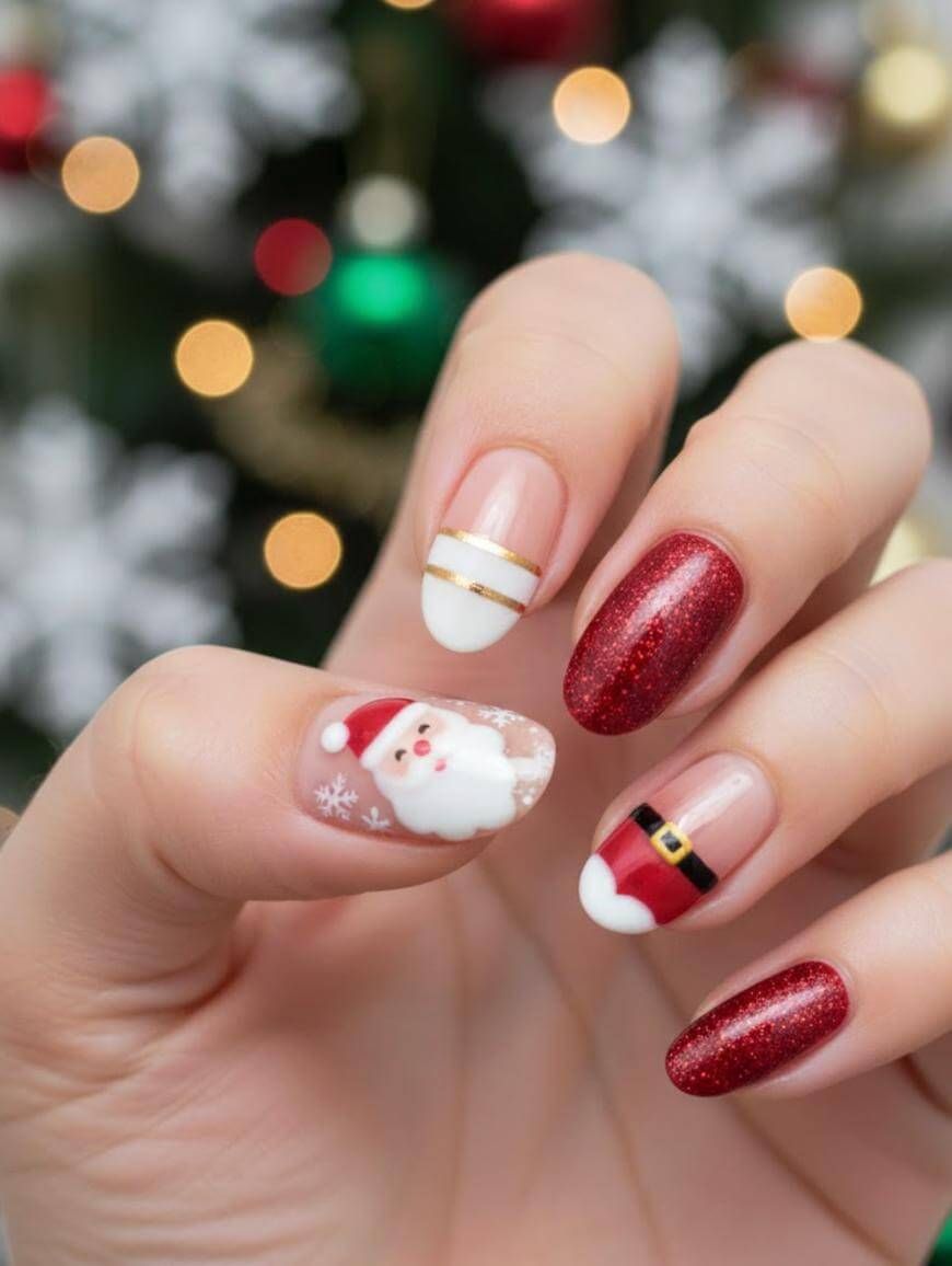 Short Oval Santa Face Glitter Nails Short Oval Santa Face Glitter Nails — Santa Nails 2026