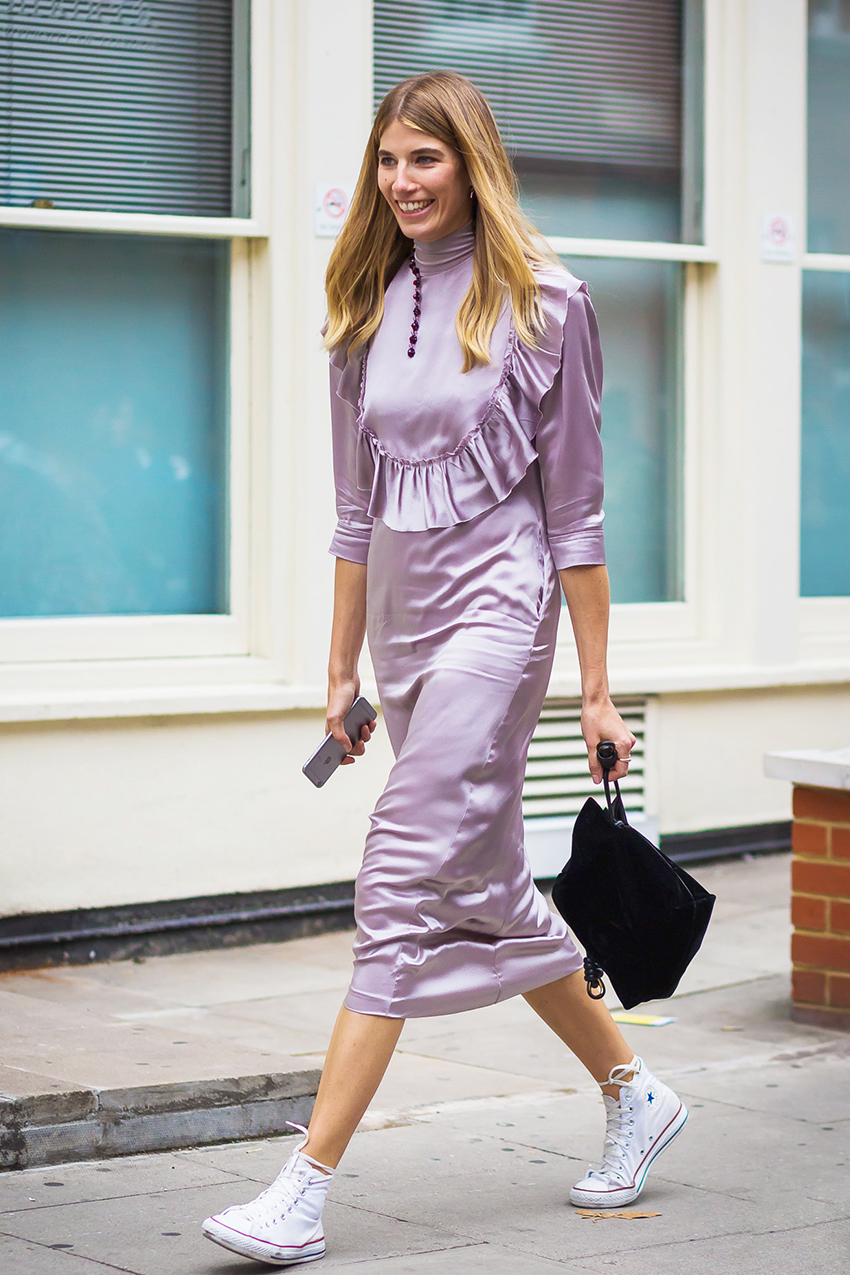 Pale Lavender Satin Midi Dress Paired with Casual Sneakers Pale Lavender Satin Midi Dress Paired with Casual Sneakers — Lavender Outfits 2027