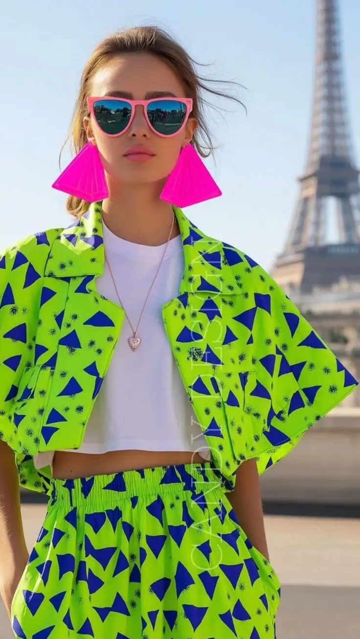 Vibrant Accents: Neon Green Jacket with Pink Earrings — Neon Outfits 2027