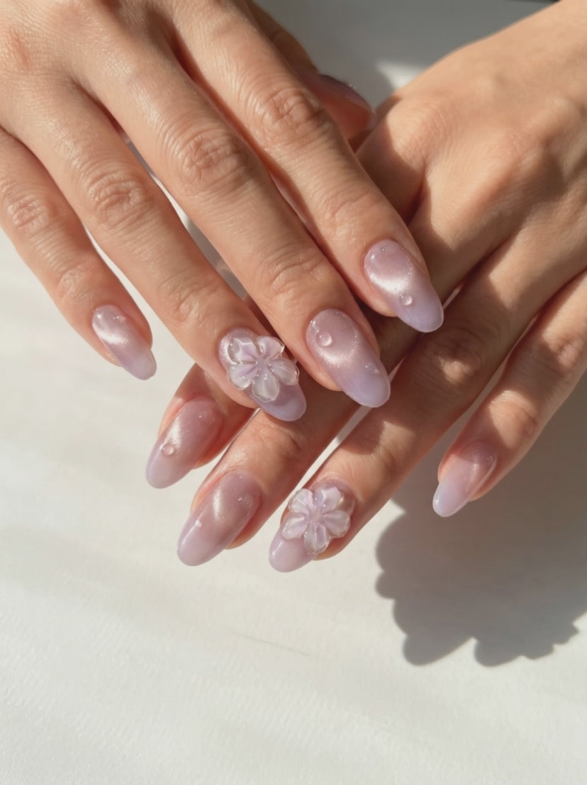 Lilac Shimmer with 3D Flower Accents Lilac Shimmer with 3D Flower Accents — Oval Nails 2027