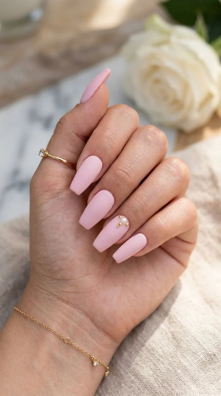 Matte Pink Pearl Stud Coffin Nails Matte Pink Pearl Stud Coffin Nails — Summer Coffin Nails 2027