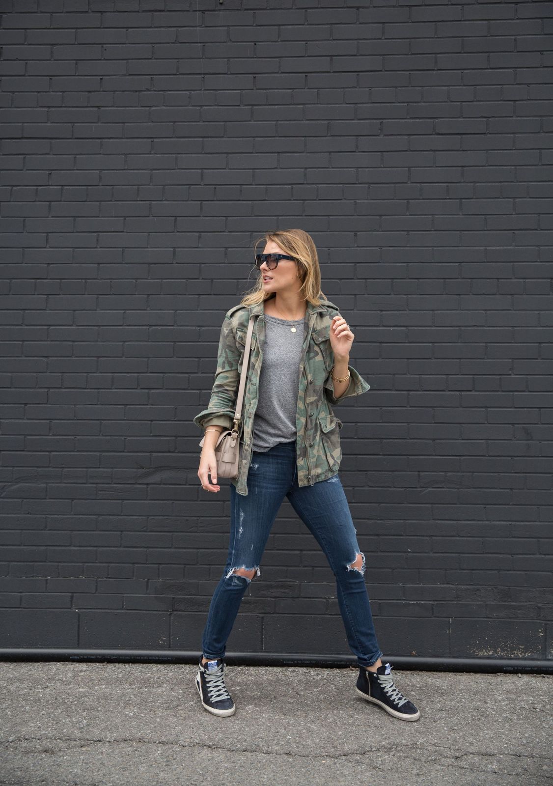 Camouflage Jacket and Navy Sneakers for a Mixed Palette Camouflage Jacket and Navy Sneakers for a Mixed Palette — Golden Goose Outfits 2027