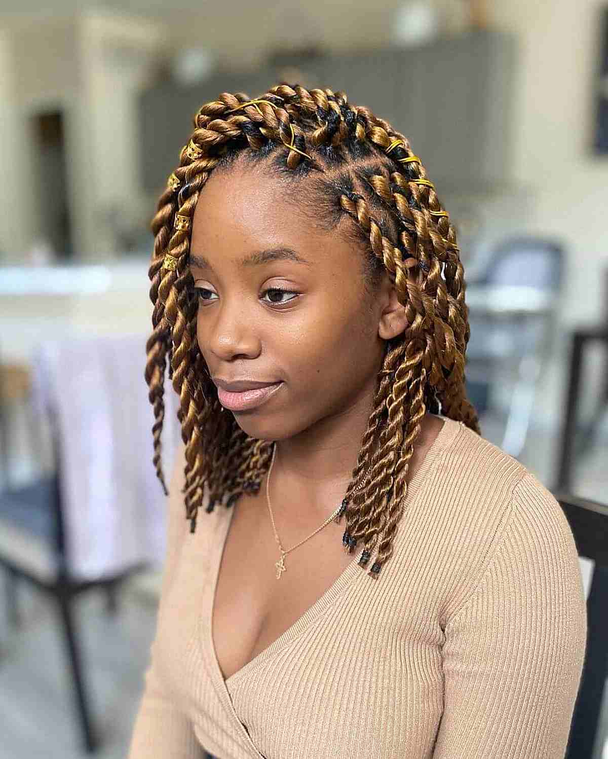 Golden Brown Twists With Metallic Accents — Braids 2027 for Medium Hair