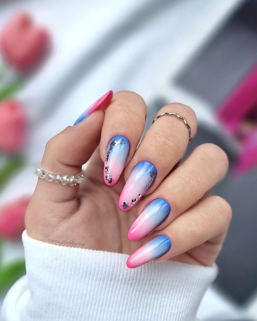 Pink to Blue Ombre with Silver Foil Pink to Blue Ombre with Silver Foil — Summer Ombre Nails 2027