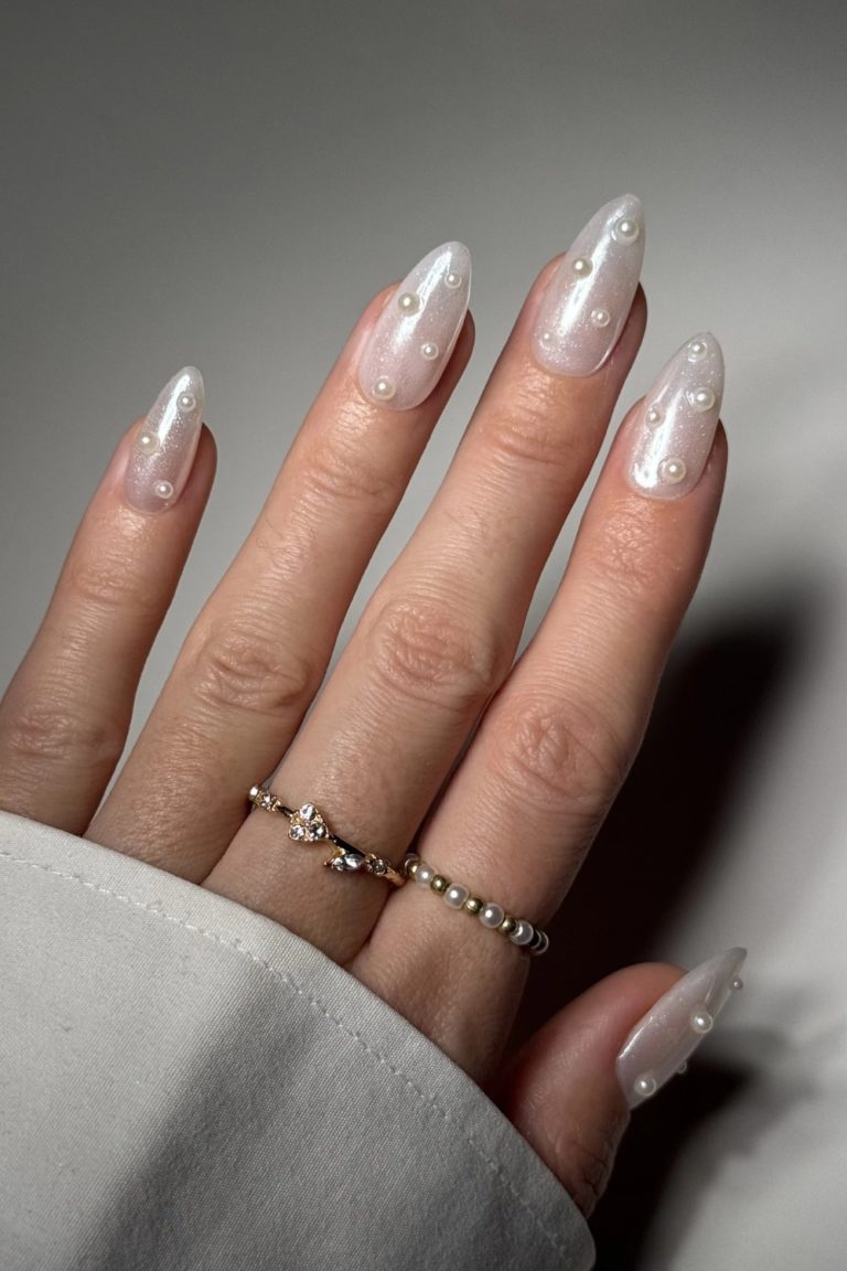 Long Stiletto Pearl Embellished Nails — White Wedding Nails 2027