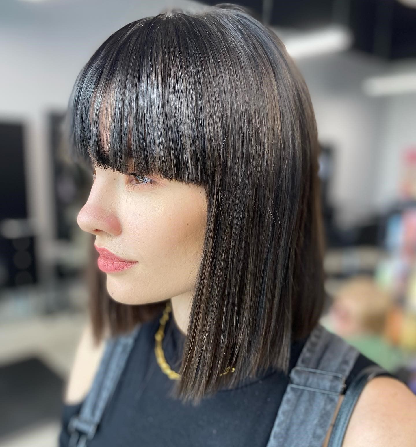Collarbone Blunt Lob With Grey Streaks Collarbone Blunt Lob With Grey Streaks — Black Bangs 2027