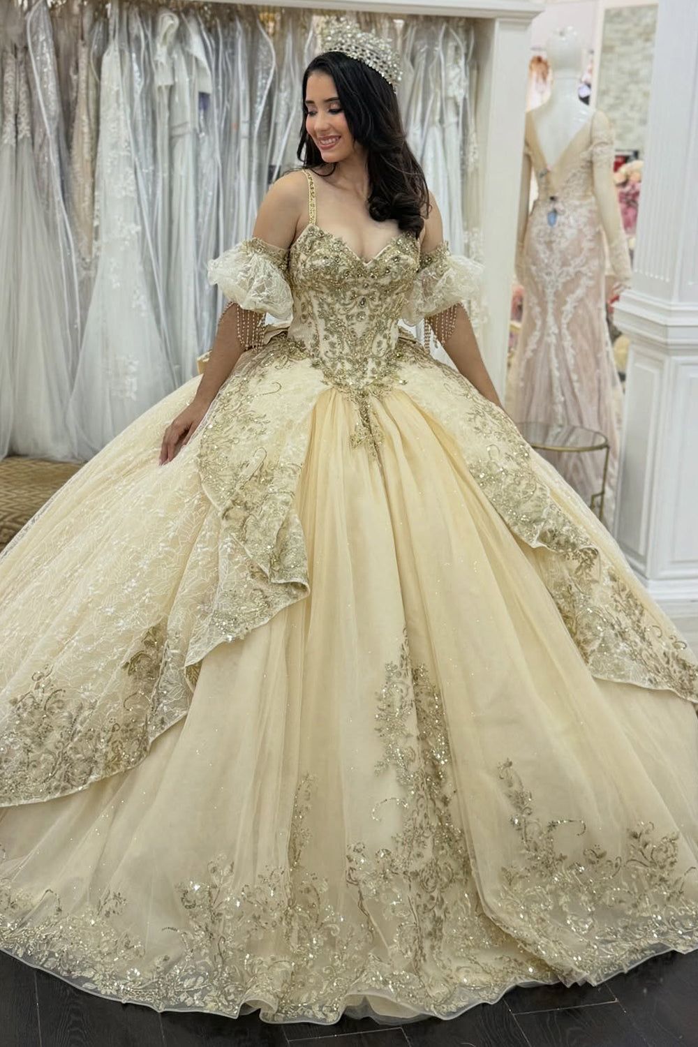 Quinceanera Off-the-Shoulder Champagne Ballgown with Delicate Gold Lace Appliques — Champagne Quinceanera Dress 2027