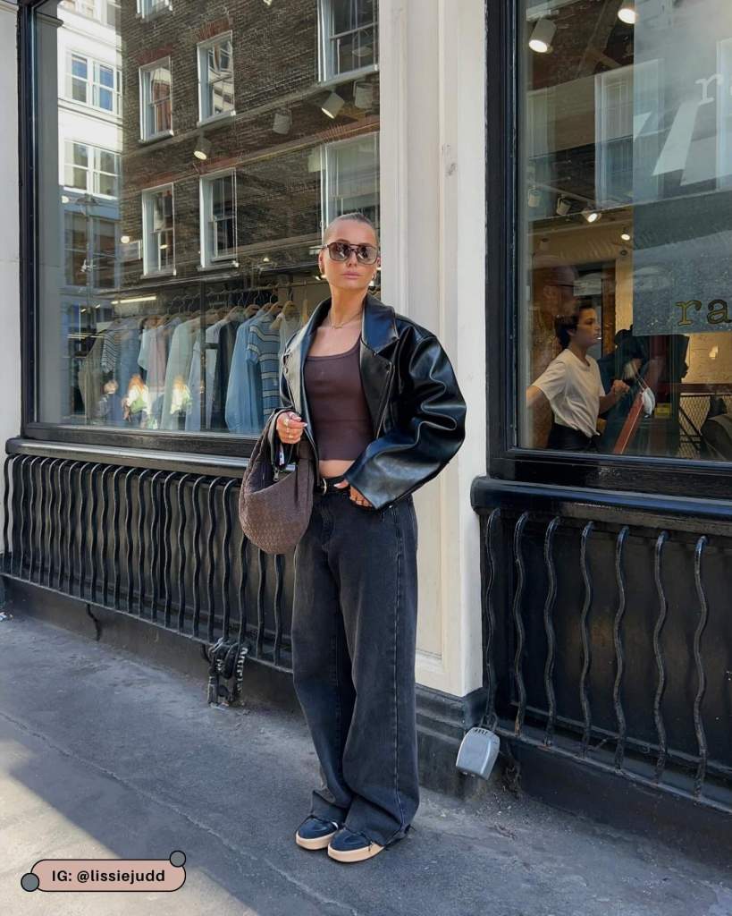 Edgy Street Style: Brown Cropped Tank with Faux Leather Jacket and Wide-Leg Jeans — Tank Top Outfits 2027