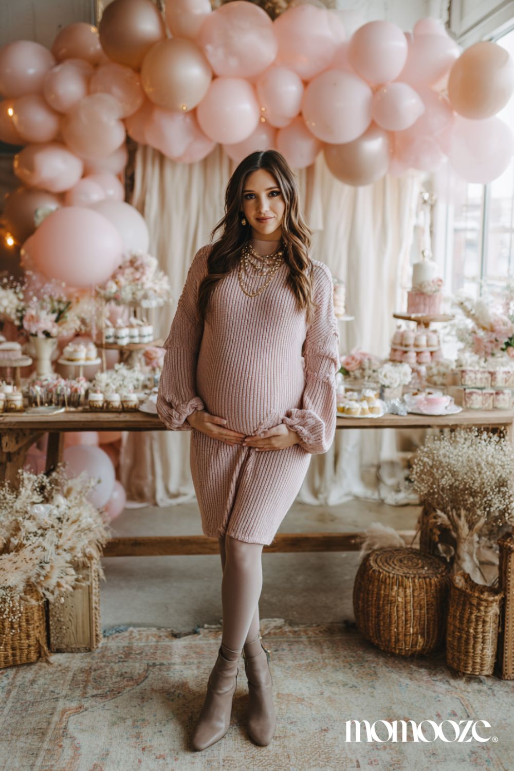 Puffy Sleeve Knit Dress with Taupe Booties Puffy Sleeve Knit Dress with Taupe Booties — Gender Reveal Outfits 2027