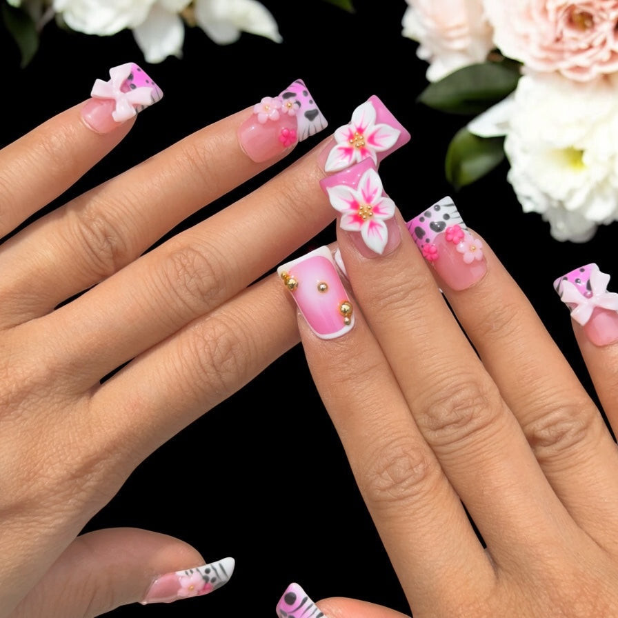 Pink Square Nails with 3D Flowers and Bows Pink Square Nails with 3D Flowers and Bows — Pink Duck Nails 2027