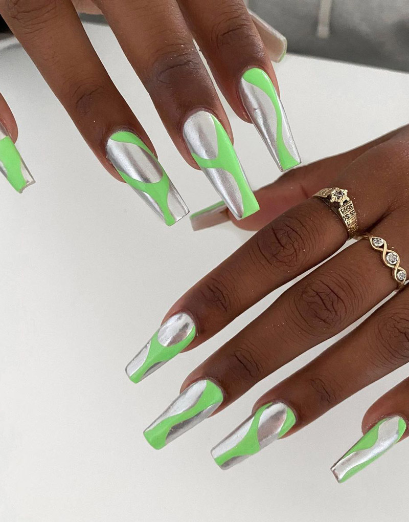 Lime Green Swirls on Chrome Coffin Nails Lime Green Swirls on Chrome Coffin Nails — Green Chrome Nails 2027