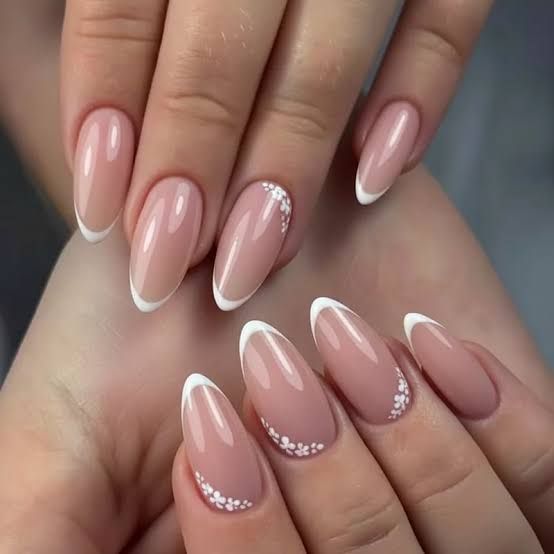 Glossy Nude French with Decal Floral Accents — Floral Wedding Nails 2027