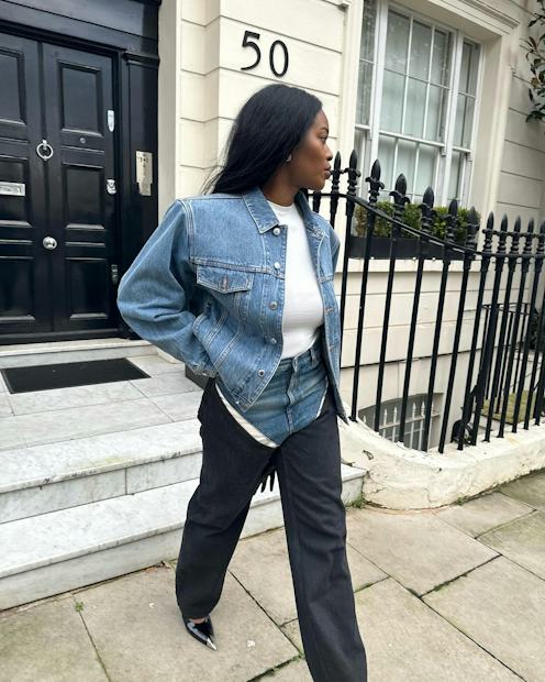 Denim Jacket with Grey Wide-Leg Pants and Heels — Denim Jacket Outfits 2027