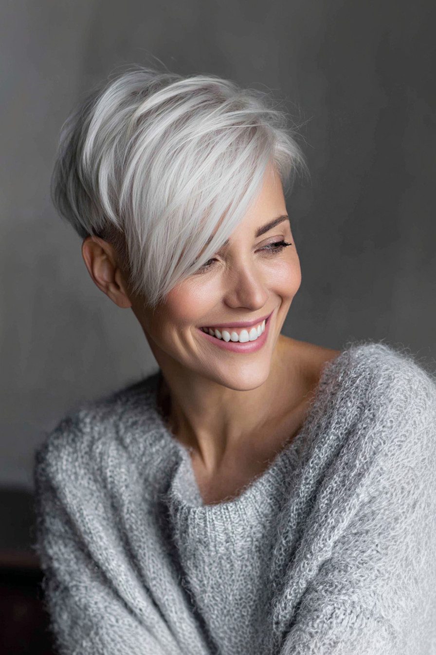 Smooth Silver Blonde Pixie Smooth Silver Blonde Pixie — Side Swept Pixie 2027