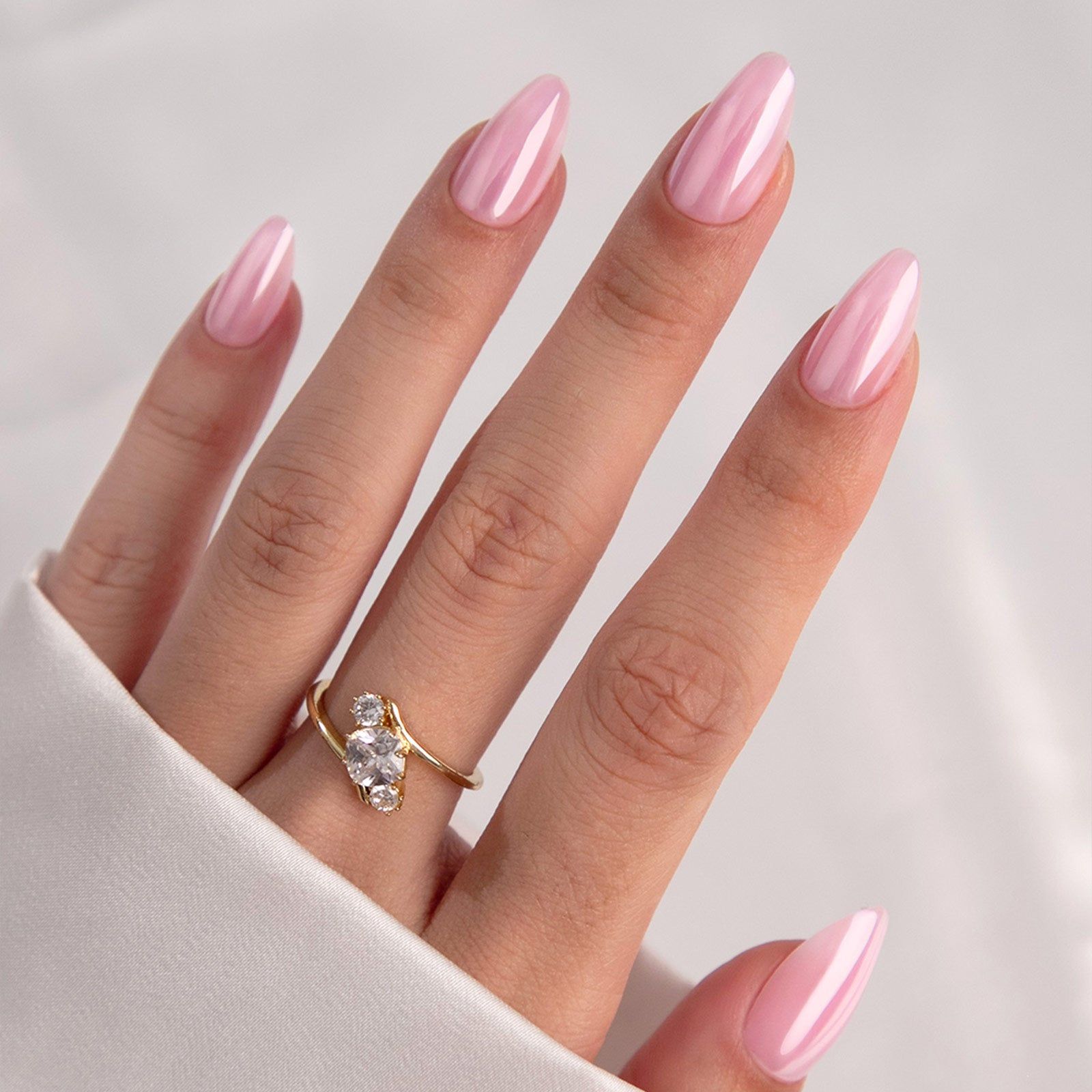 Glazed Chrome Aurora Light Pink Almond Press On Nails – Short Fake Valentines Nails – SHANGMENG nails