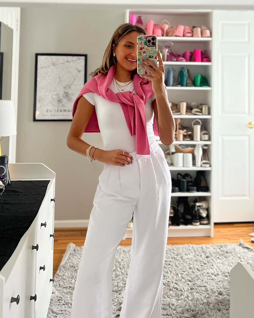 Crisp White Trousers and a Pink Sweater for a Fresh First Day — First Day of Work Outfits 2027