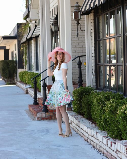 Floral Skirt and Pink Hat Combination — Kentucky Derby Outfits 2027