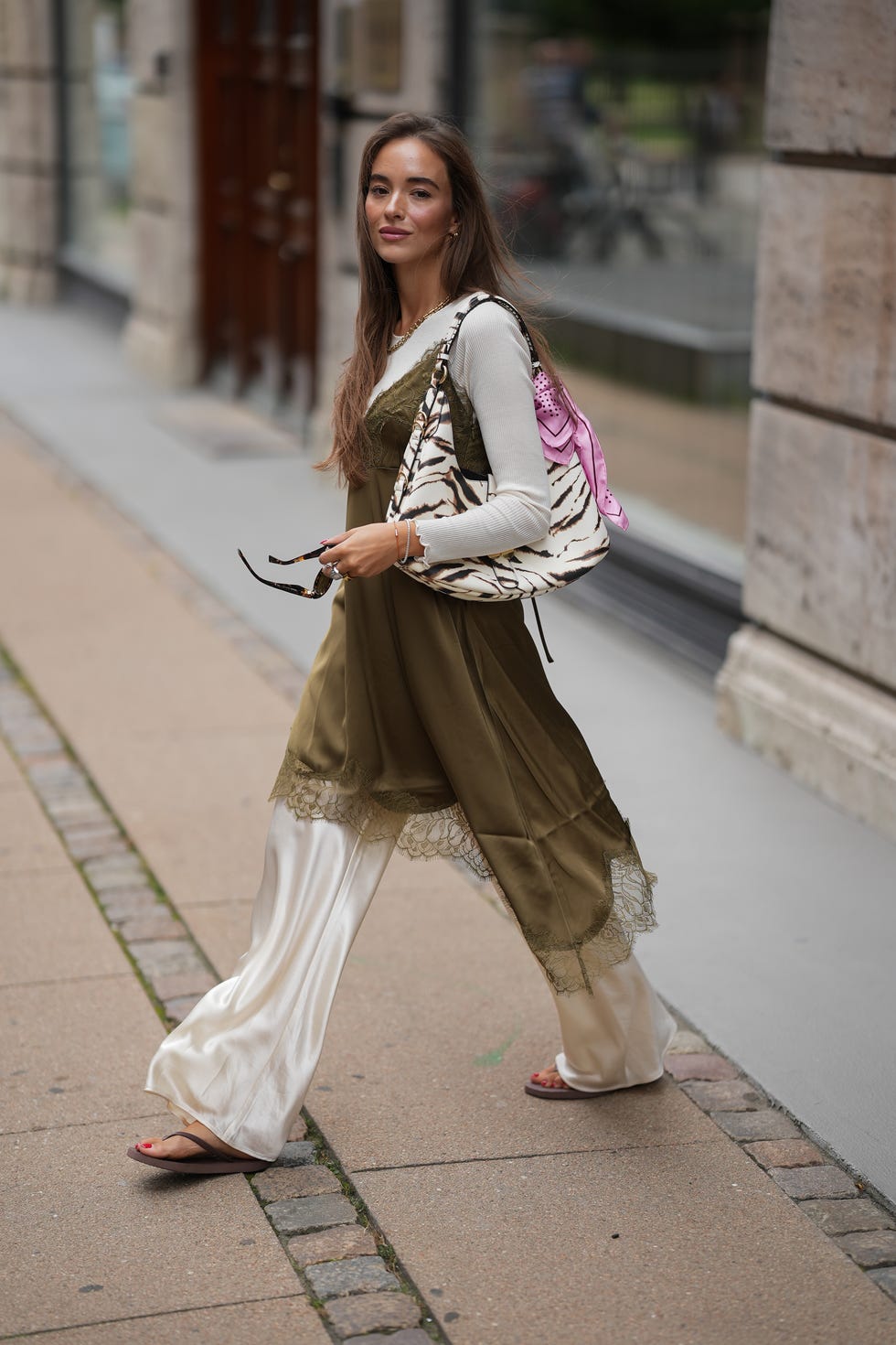 Olive Green Lace Slip Dress Over Wide-Leg Pants — Slip Dress Outfits 2027