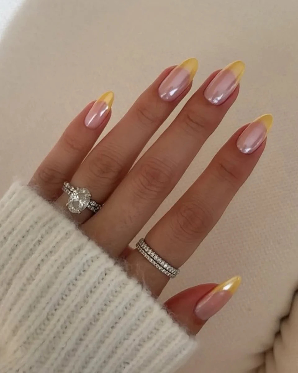 Pearlescent Yellow Tip Almond Nails Pearlescent Yellow Tip Almond Nails — Date Night Nails 2027