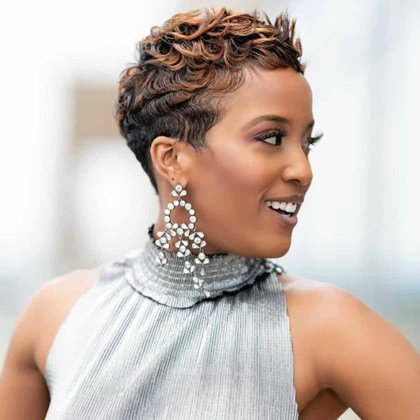 Dark Brown Curly Pixie With Blonde Dimension Dark Brown Curly Pixie With Blonde Dimension — Babylights Pixie 2027