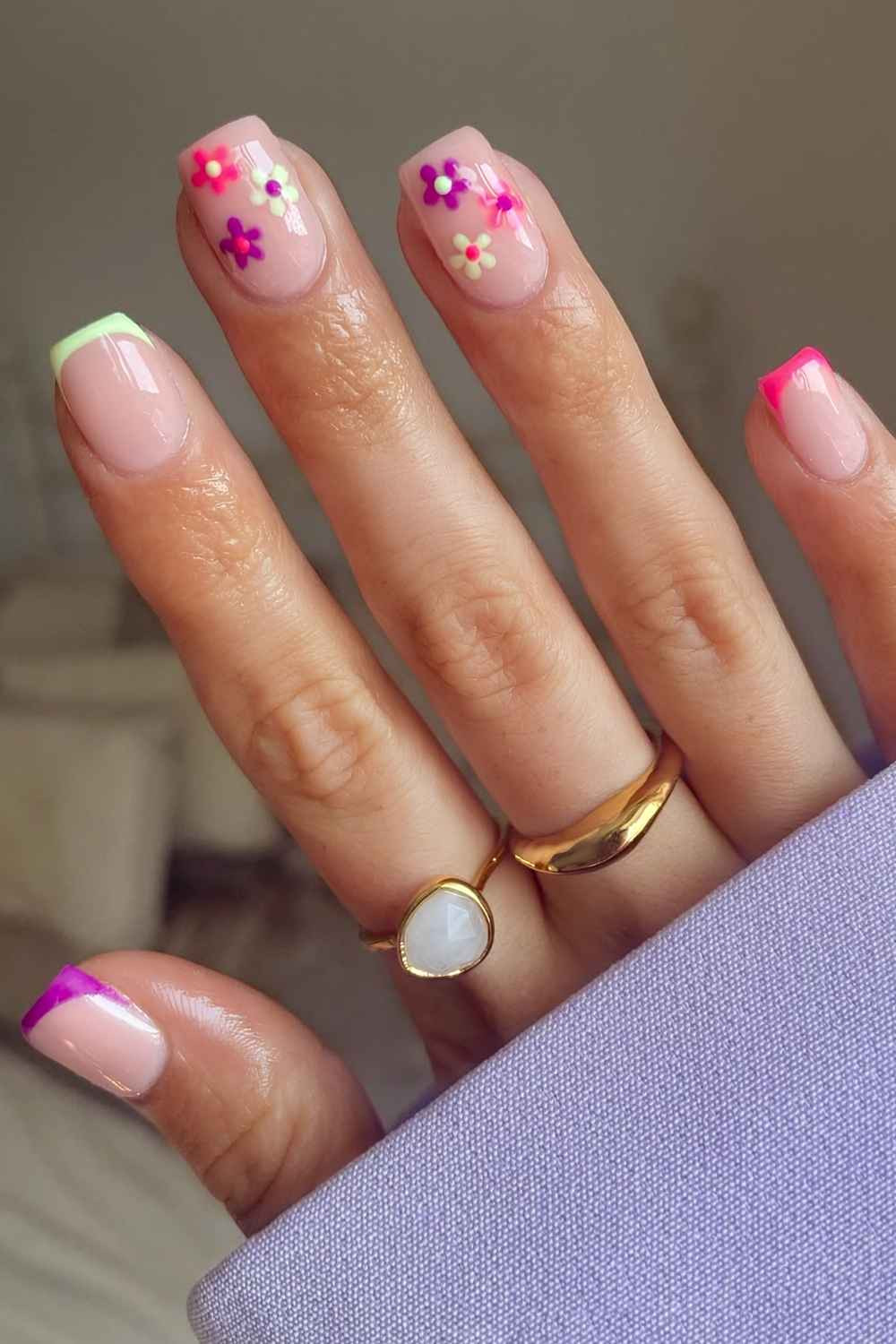 Multi-Color Micro French with Floral Accents Multi-Color Micro French with Floral Accents — Short Micro French Tip Nails 2027
