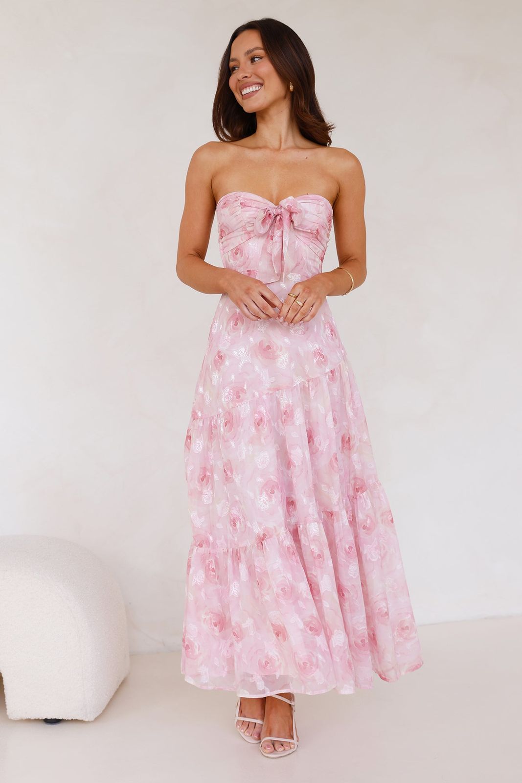 Strapless Floral Print Tiered Maxi Dress for a Shower Strapless Floral Print Tiered Maxi Dress for a Shower — Baby Shower Dress 2027 for Guest