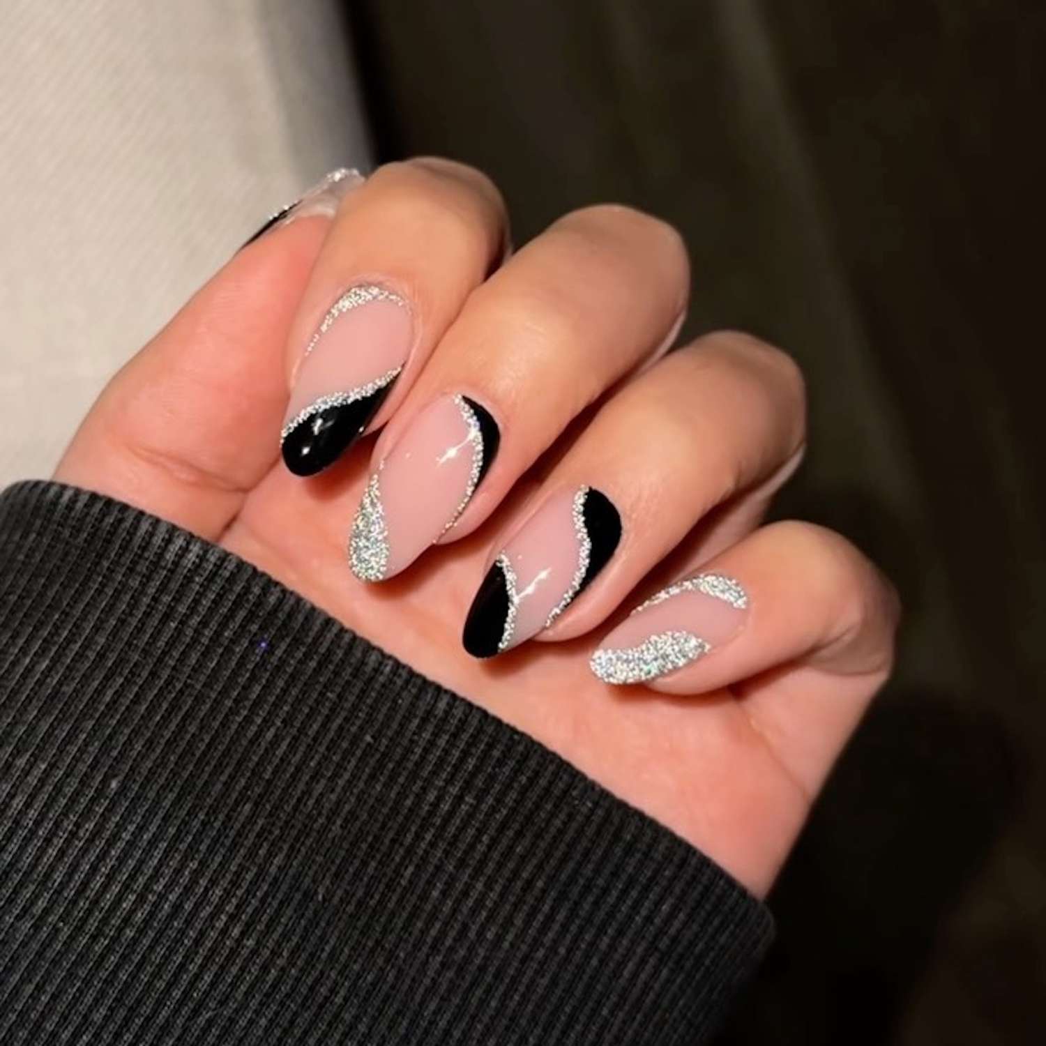 Modern Black Glitter French Tip Almond Nails Modern Black Glitter French Tip Almond Nails — Winter Black Nails 2027
