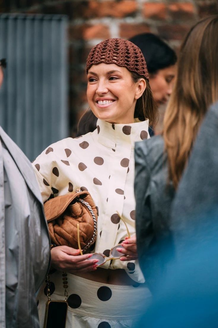 Beige Polka Dot Jacket with Crochet Hat Beige Polka Dot Jacket with Crochet Hat — Scandinavian Outfits 2027