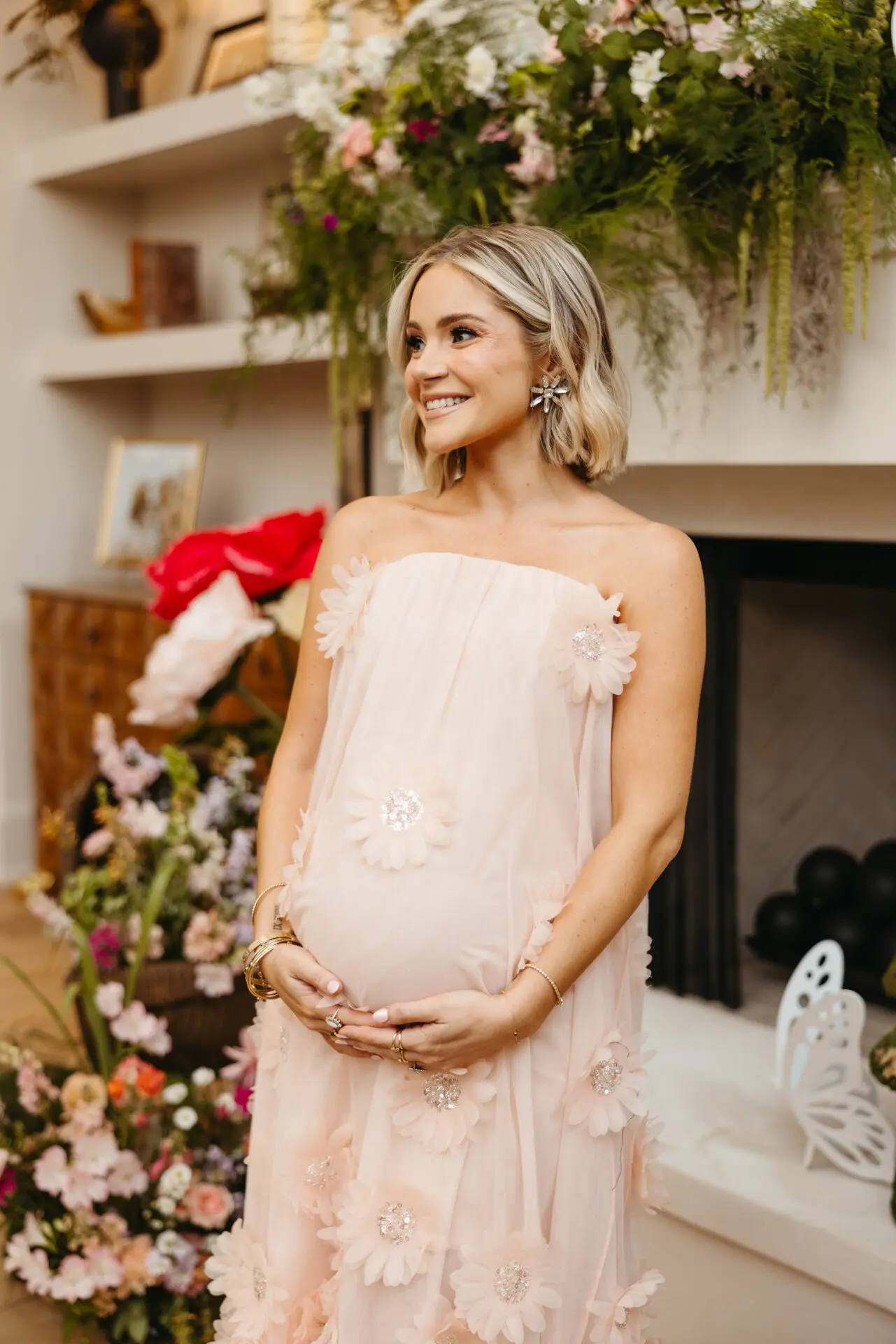 Ethereal Pale Pink Strapless Gown with 3D Florals — Baby Shower Outfits 2027