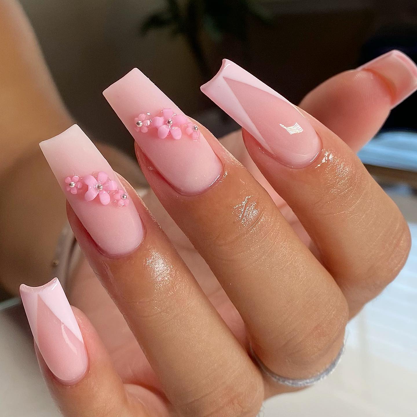 3D Floral V-French Coffin Nails — Baby Shower Nails 2027