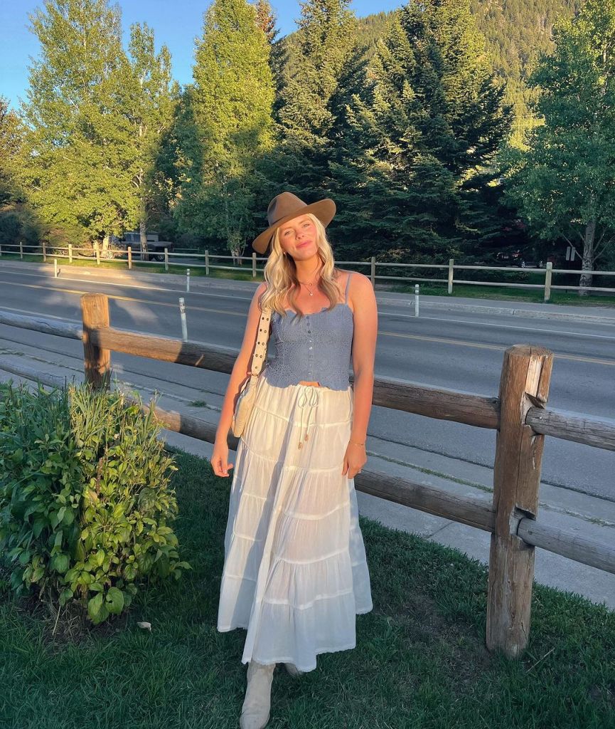 Smocked Crop Top with Tiered Maxi Skirt and Cowboy Hat Smocked Crop Top with Tiered Maxi Skirt and Cowboy Hat — Rodeo Outfits 2027