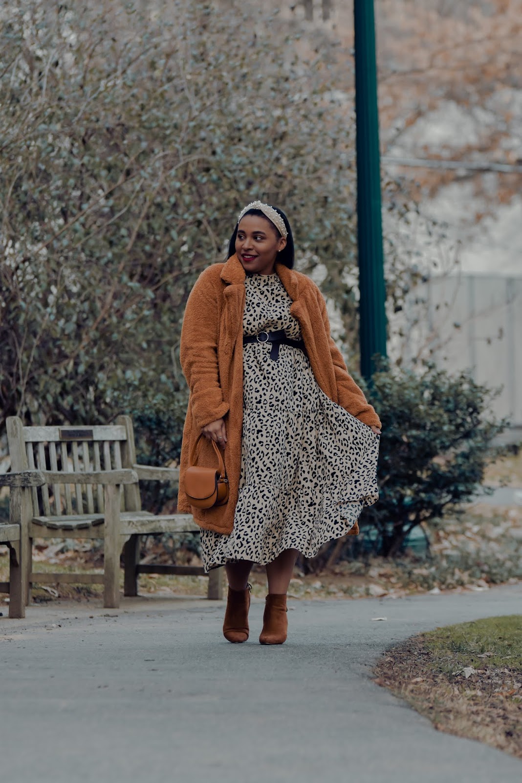 Orange Teddy Coat Over Leopard Print Dress for Bold Winter Style — Dressy Winter Outfits 2027