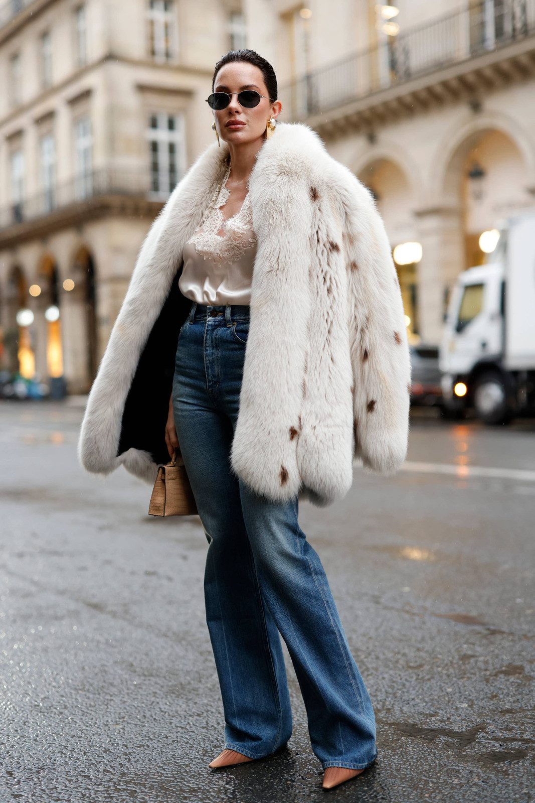 Light Wash Bootcut Jeans with a Faux Fur Coat — Work Bootcut Jeans Outfits 2027