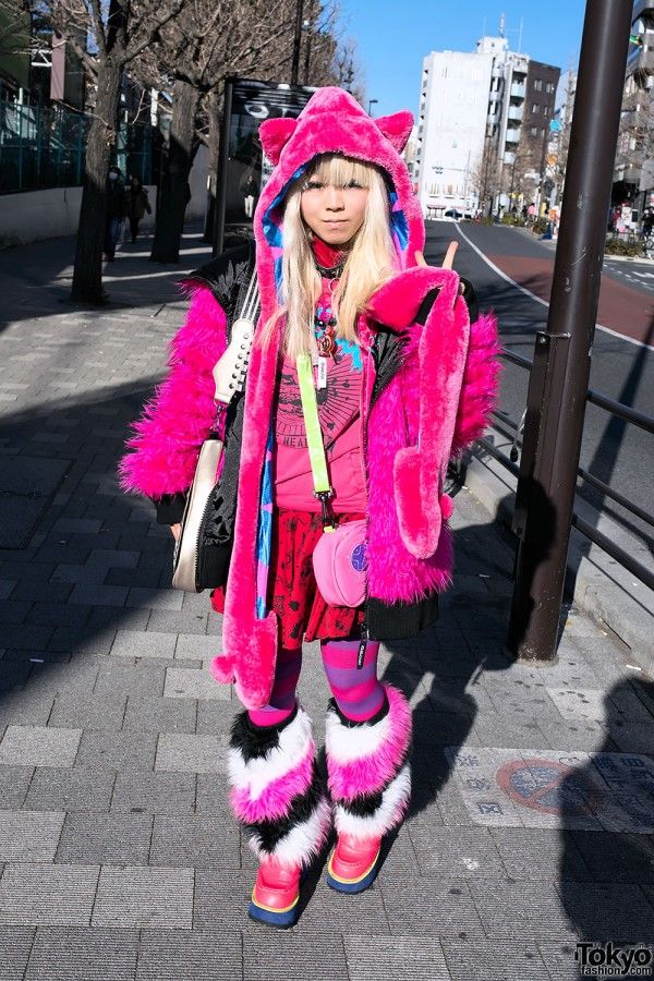 Pink Faux Fur Hooded Jacket with Cat Ears and Striped Leg Warmers Pink Faux Fur Hooded Jacket with Cat Ears and Striped Leg Warmers — Pink Rave Outfits 2027