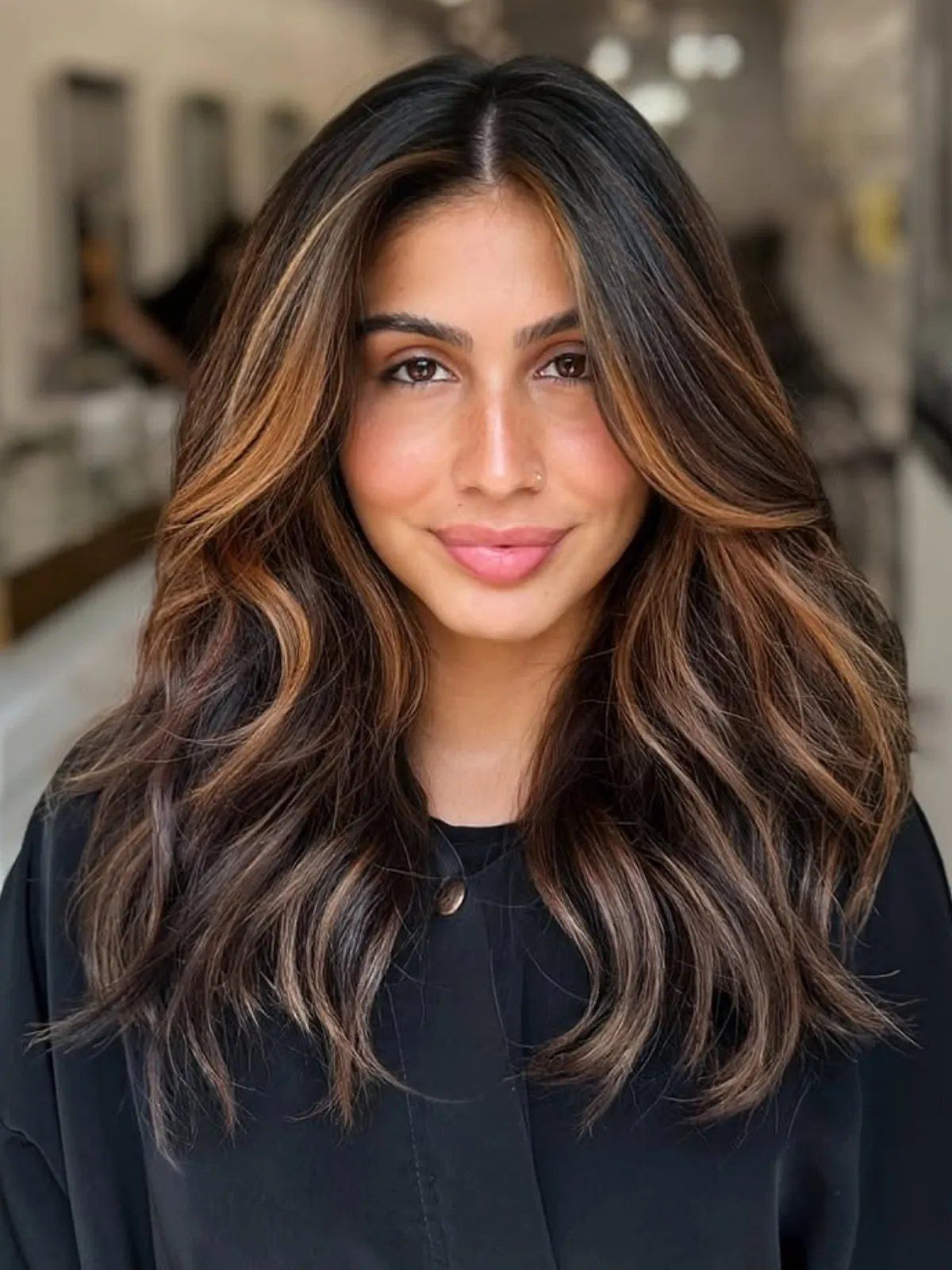 Layers Mid-Back Wavy Dark Brown with Caramel Balayage Layers Mid-Back Wavy Dark Brown with Caramel Balayage — Caramel Brown Hair 2027