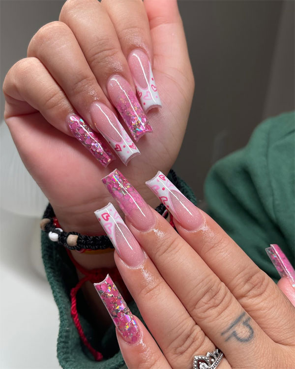 Pink Hearts Glitter French Tip Coffin Nails — Long Coffin Nails 2027