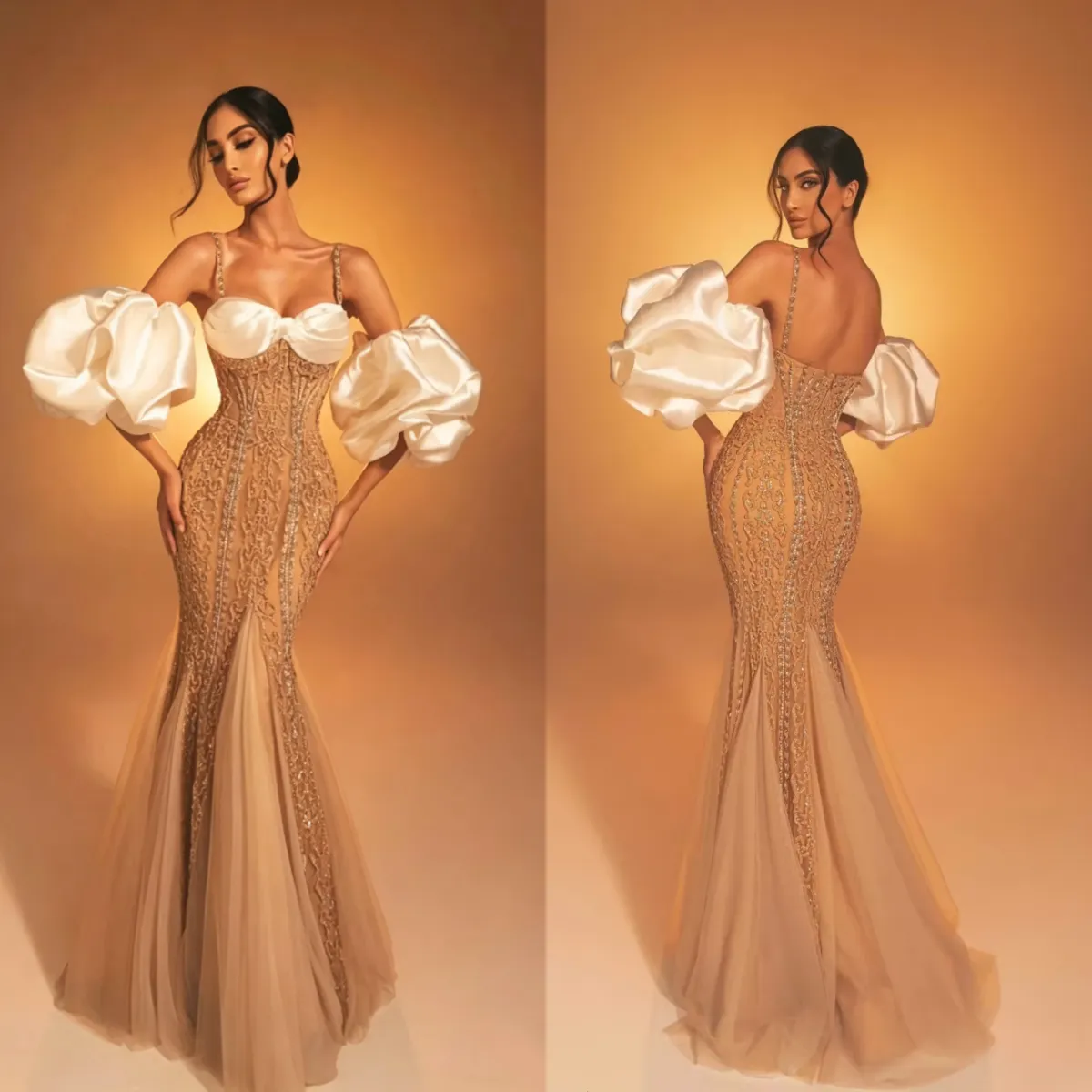 Champagne and Gold Mermaid Gown with Voluminous Puff Sleeves Champagne and Gold Mermaid Gown with Voluminous Puff Sleeves — Puff Sleeve Dresses 2027