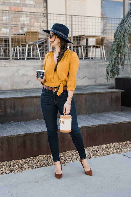 Mustard Yellow Tie-Front Blouse with Dark Blue Skinny Jeans — Mustard Outfits 2027