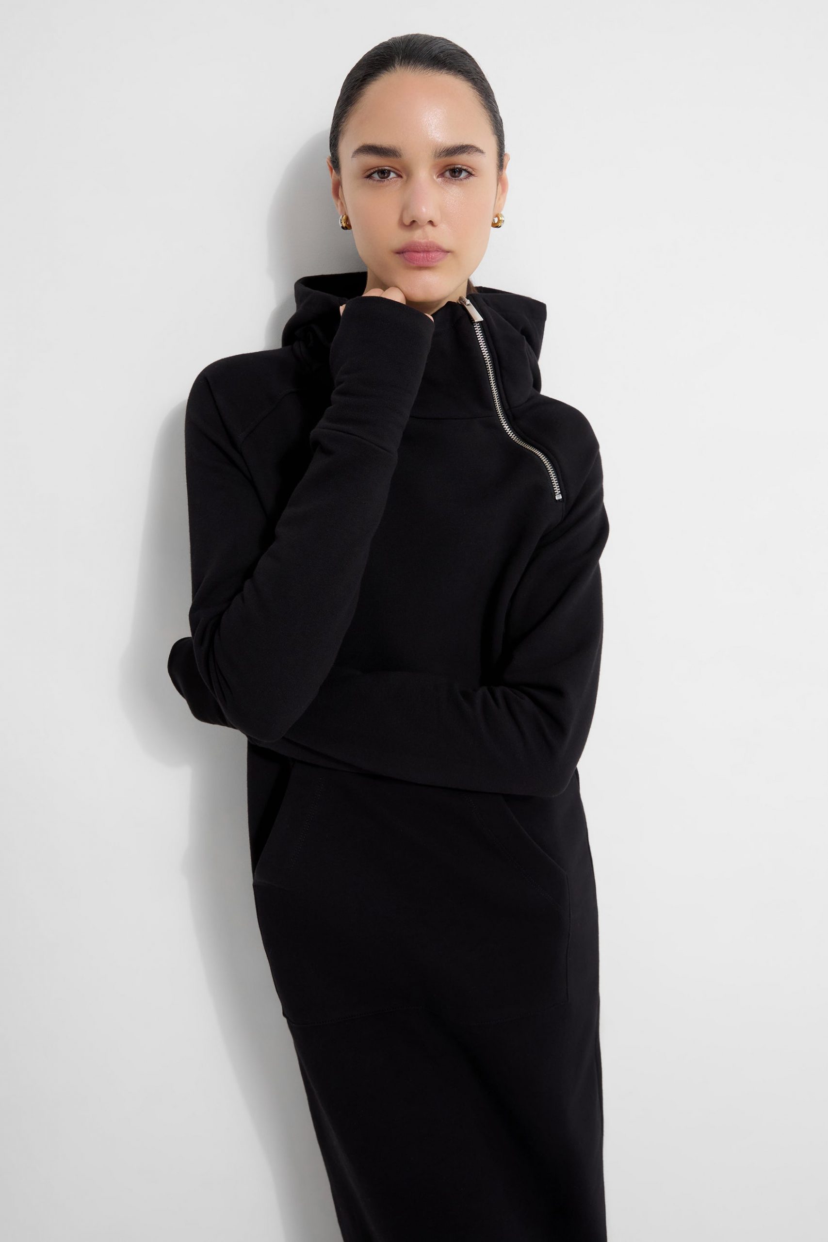 Black Asymmetrical Zip Hoodie Dress — Sweatshirt Dress 2027