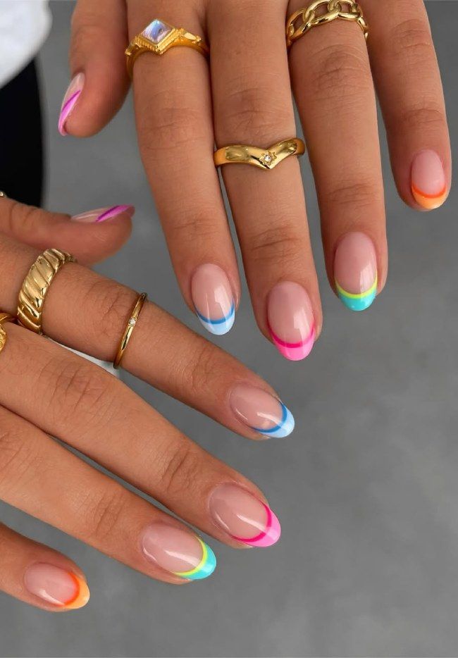 Colourful Double French Tip Nails with Bright Rainbow Edges